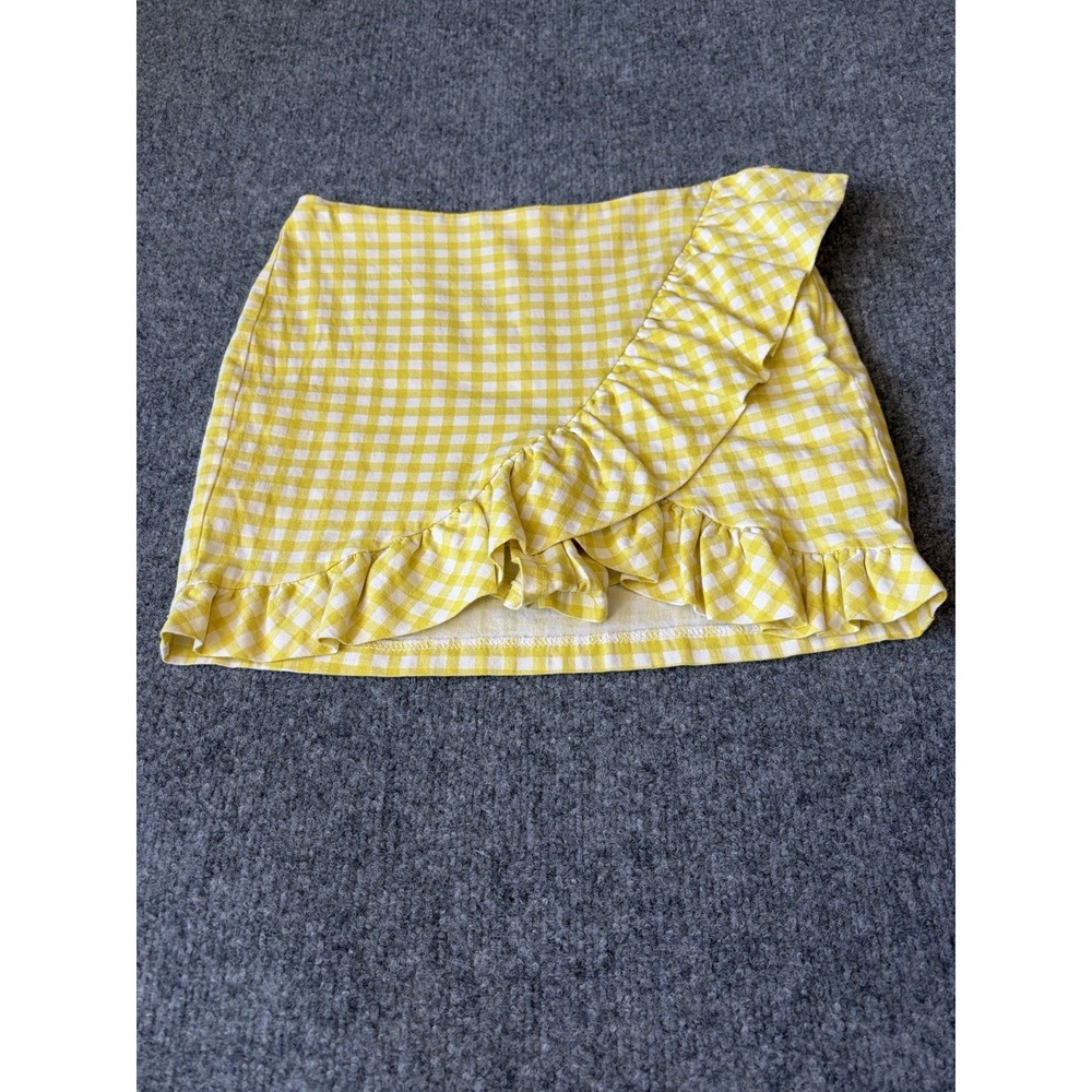 Tea & Cup Plaid Skort Women Size S Yellow White Gingham Ruffle Mini Summer Skirt